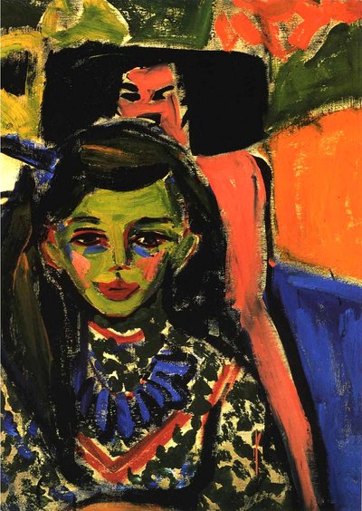 Fränzi in Front of a Carved Chair by Ernst Ludwig Kirchner